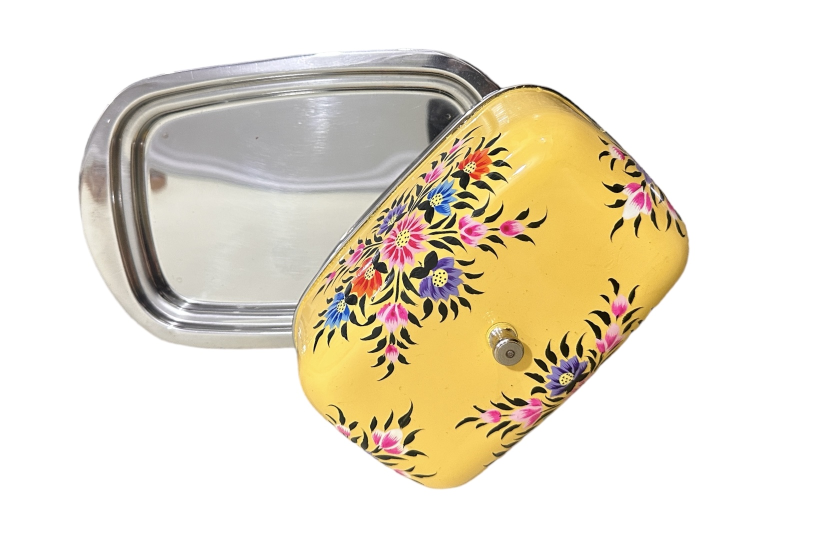 Sunny Yellow 4.5"×7" Enamel Butter Dish From Kashmir, Beautiful Hand Enamel Painted Floral pattern Butter,Cheese Dish Holds 1 lb of Butter